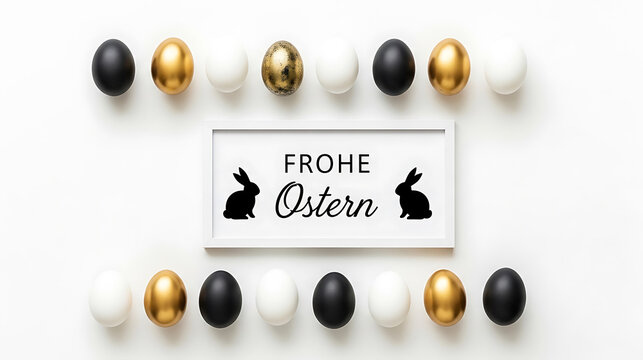 Frohe ostern with easter eggs and decorative sign flat lay decoration