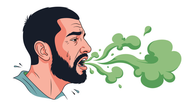 Side profile of a bearded man showing a pained expression as green clouds of bad breath emerge from his mouth representing halitosis.