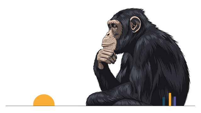 Majestic chimpanzee sits in a thoughtful pose similar to the thinker statue against a clean background with minimal geometric accents.