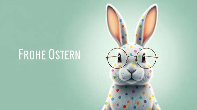Cute bunny with glasses saying frohe ostern colorful dots teal background