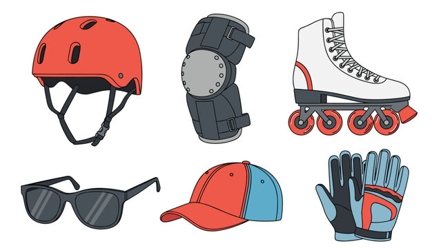 Essential rollerblading safety gear including a red helmet, knee pads, gloves, and sunglasses are displayed alongside a white inline skate.