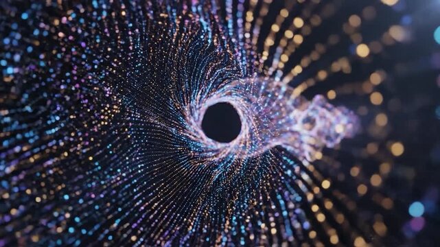 Glowing particles stream in a swirling vortex formation creating dynamic energy waves in deep dark space