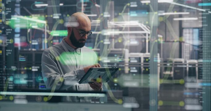 IT engineer in glasses uses tablet to monitor complex global network traffic and AI driven data streams via interactive virtual 3D hologram inside modern server room. Cybersecurity and data analytics.