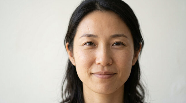 Portrait of a smiling Asian woman with dark hair, looking directly at the camera with a neutral expression and a subtle smile