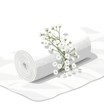 Rolled white fabric with fresh gypsophila flowers vector illustration