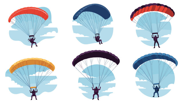 Various paragliders with brightly colored parachutes soaring through a clear blue sky with fluffy white clouds in circular icons.