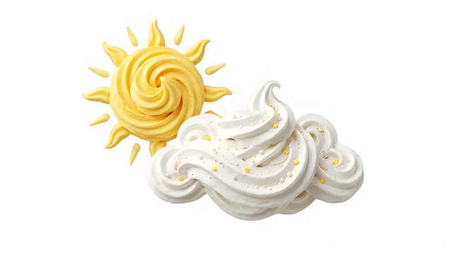 Whipped cream sun and cloud dessert topping decoration isolated on transparent background 