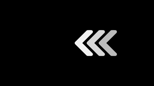 Minimalist left-pointing arrow animation sequence, pulsing chevron loading on black background pointer
