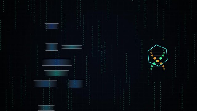 Abstract animation shows evolving molecular structure on a scrolling genetic code background