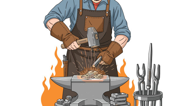 Strong blacksmith wearing an apron and gloves using a heavy hammer to shape glowing hot metal on an anvil with flames in the background.