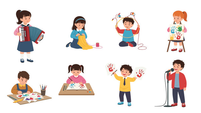 Diverse group of young children participating in creative hobbies including playing music, knitting, finger painting, drawing, and singing on white.