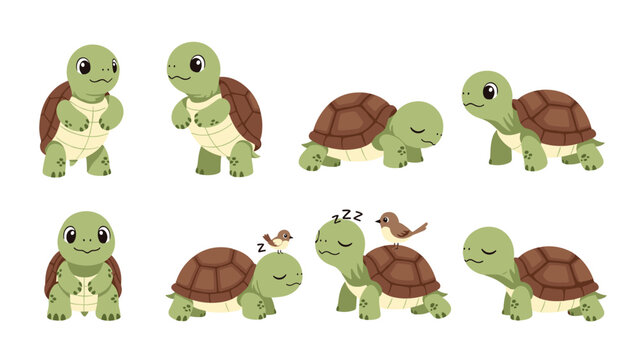 Adorable collection of green cartoon turtle characters shown in different poses including walking, sleeping, and interacting with small birds.