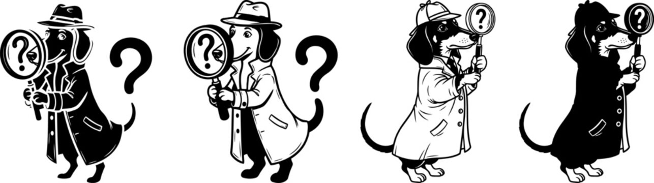 Cute cartoon dachshund dog detectives with magnifying glasses and trench coats.