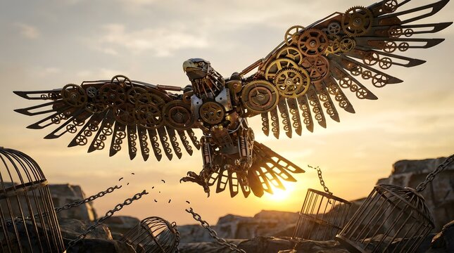 Steampunk mechanical eagle bird flying with gears and clockwork in sky.