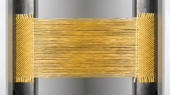 Textile production with yellow threads, industrial weaving concept manufacturing detail,copy space, professional background, technical textile