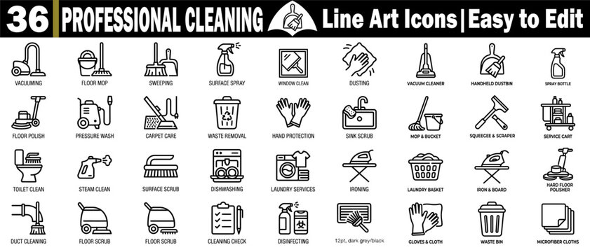 Professional cleaning line art icons set. This collection features tools, equipment, and services for various tasks.