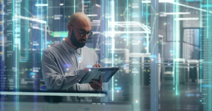 IT Specialist Visualizing Real Time Global Network Activity Through Advanced Holographic HUD Interface. Man Analyzes AI Powered Data Streams, Cybersecurity Threats, and Complex Digital Infrastructure.
