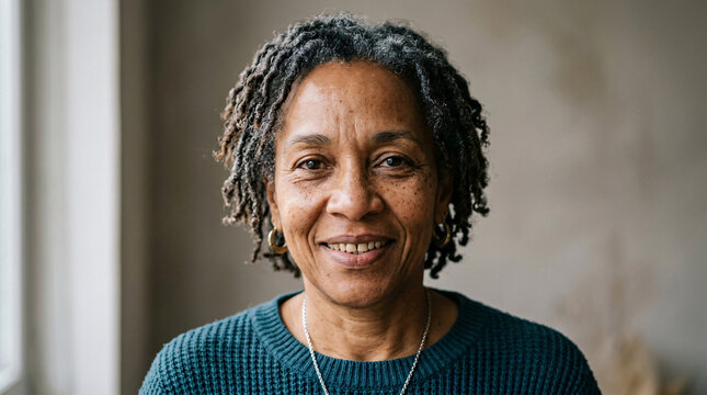 Authentic close-up portrait of a content mature Black woman with dreadlocks, smiling genuinely at the camera, conveying warmth, wisdom, and approachable happiness