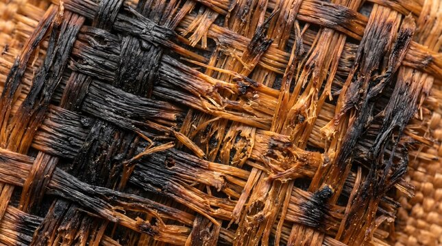 Burnt woven fabric close-up, texture and textile detail manufacturing detail,copy space, professional background, technical textile