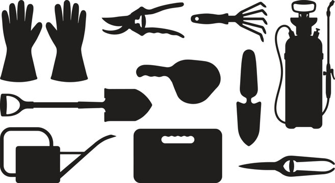 black silhouettes of gardening tools and equipment on white background