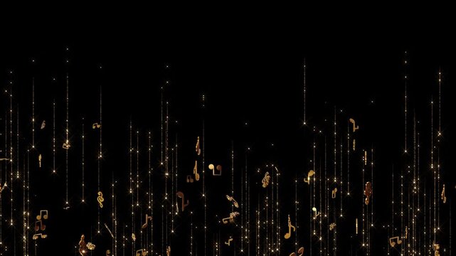 Golden Music Note wave of flying notes. music. 3d golden music notes flying 4k animation, music concert motion background notes, concerts, event , light shows, stage lighting, , special effects,