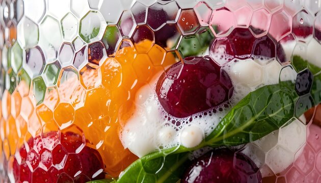 Fresh fruit, yogurt, and mint, behind chicken wire mesh, healthy snack
