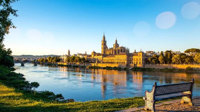 Scenic view of Zaragoza Cathedral and Ebro River at sunrise with bench, bridge, and cityscape