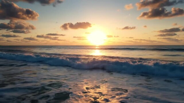 Scenic sunset over the ocean with beautiful golden and orange colors and small waves rolling ashore creating seafoam