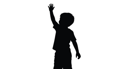 Silhouette of a young boy raising his hand in a gesture of greeting against a white background silhouette high quality professional detailed modern elegant © Shashon