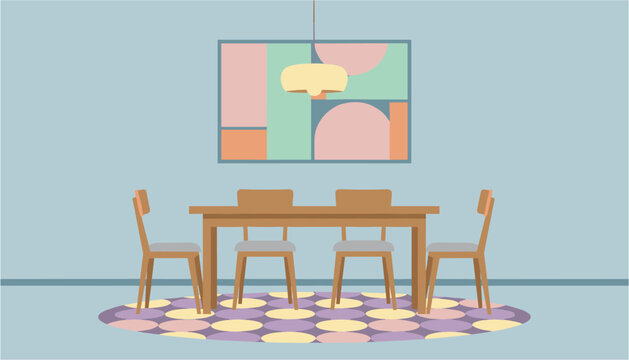 Modern wooden dining set with four chairs in a cozy room with patterned floor