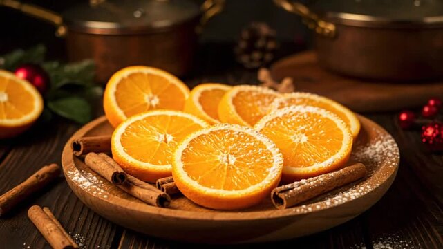Festive sliced oranges and cinnamon sticks on a wooden plate with seasonal holiday decorations