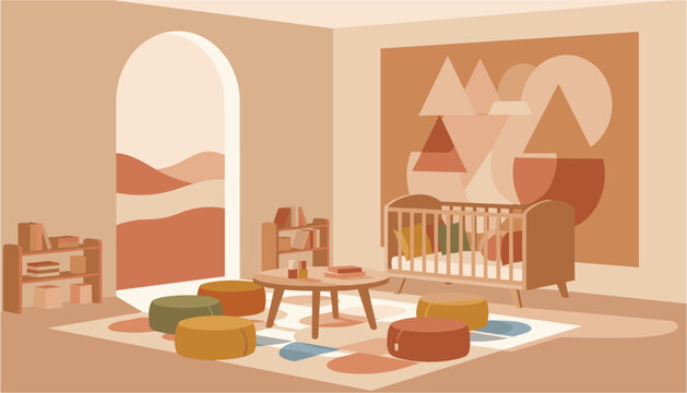 Cozy living room interior with archway and desert mountain view