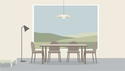 Modern dining set with chairs in cozy room with scenic wall mural © Fahim