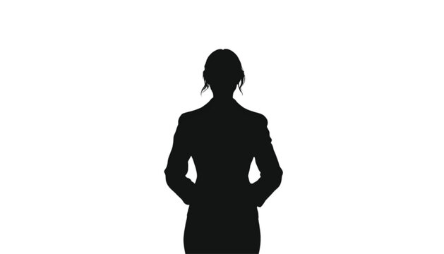 Businesswoman stands with a professional posture in a dark silhouette against a white background.