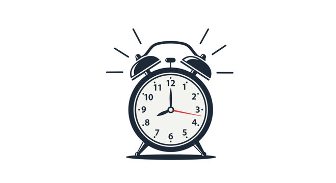 Classic black alarm clock ringing with bells on top and hands showing eight o'clock on a plain white background.