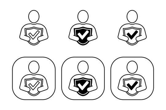 Collection of simple line art icons representing personal security and verified status for user profiles. User privacy policy. User protection symbol. Secure profile icon. Profile privacy symbol. Soci