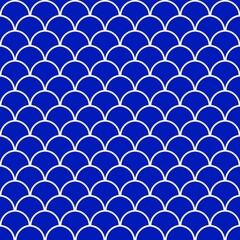 ​Seamless dark blue fish scale pattern with bold white outlines. Classic Japanese Seigaiha wave motif for elegant backgrounds, fabric prints, and nautical decor. © Muhamad