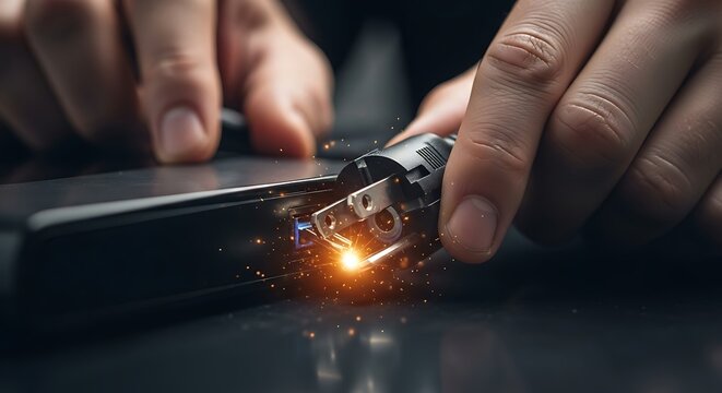 Hands inserting plug into outlet, sparks fly, potential electrical hazard