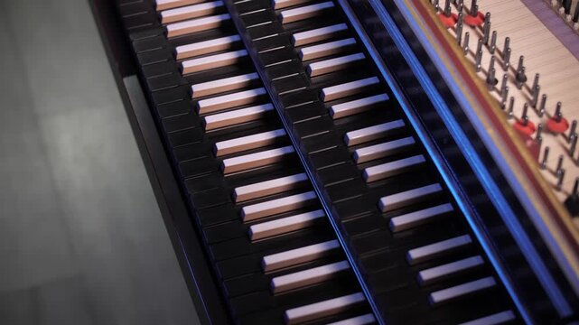Cinematic Flyover of Harpsichord Piano Keyboard and Internal Mechanism