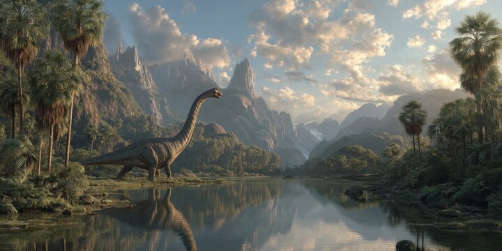 Majestic Brachiosaurus Roaming in a Lush Prehistoric Landscape with Reflective Water and Towering Mountains.