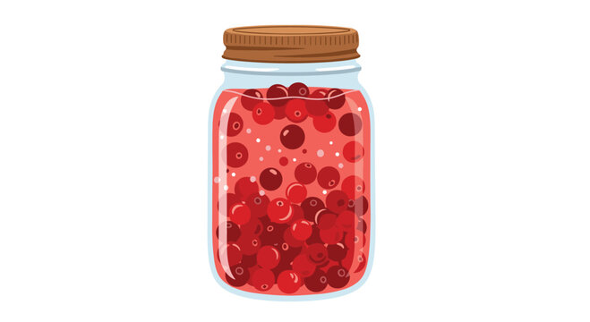 Glass jar filled with fresh red cranberries and juice with a closed brown lid on a white background for winter preserves content.