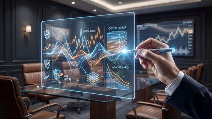Fototapeta premium Business executive presenting risk analytics dashboard with shock wave modeling, capital buffer scenarios and loss forecasting for enterprise financial resilience platform
