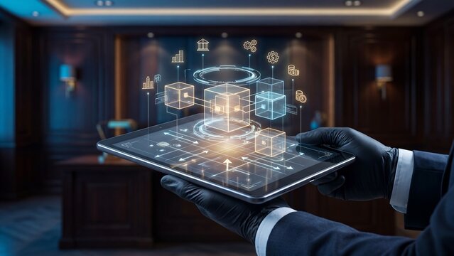Business professional using tablet with blockchain finance network visualization showing connected digital assets, tokenized transactions and enterprise ledger infrastructure platform