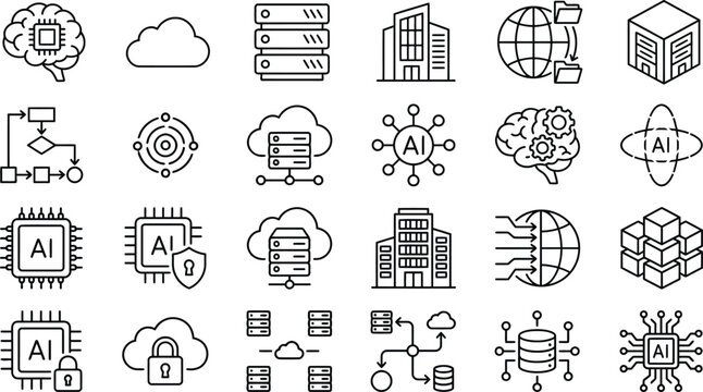 AI cloud computing data centre network technology line icon set