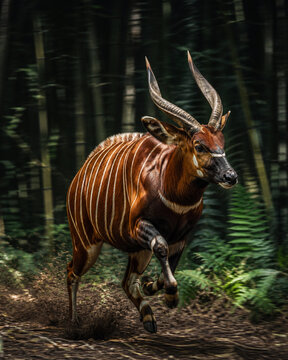Action shot of a bongo antelope running through the jungle