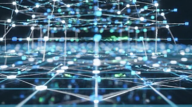 Interconnected glowing blue digital nodes forming a complex geometric data network structure in cyberspace environment