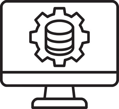 Desktop computer monitor display with database storage and processing gear setting technology linear vector illustration