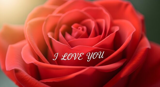 Close up of a vibrant red rose bloom with the text i love you overlayed in white cursive script font style