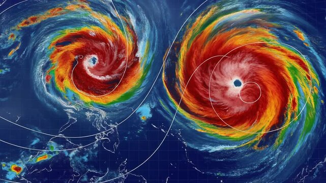 Powerful ocean hurricanes collide with swirling storm winds creating dramatic natural disaster footage