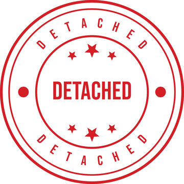A vivid red circular stamp with the word DETACHED centered clearly against a bright white background